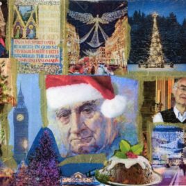 A collage of composers from Seattle Choral Company's Comfort and Joy 2025 Cathedral Christmas, Christmas scenes, and British icons