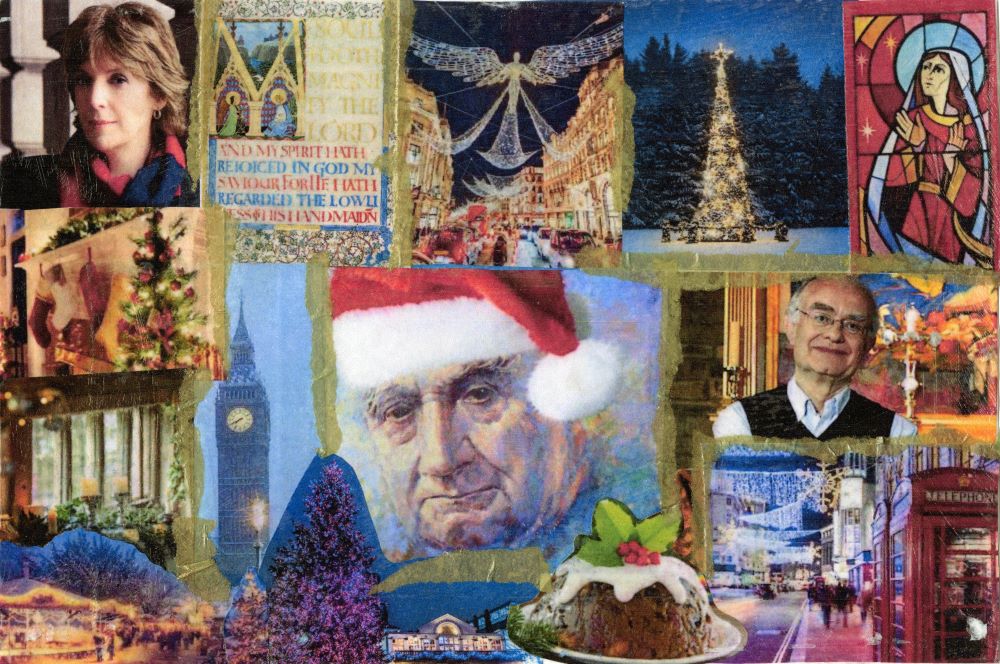 A collage of composers from Seattle Choral Company's Comfort and Joy 2025 Cathedral Christmas, Christmas scenes, and British icons