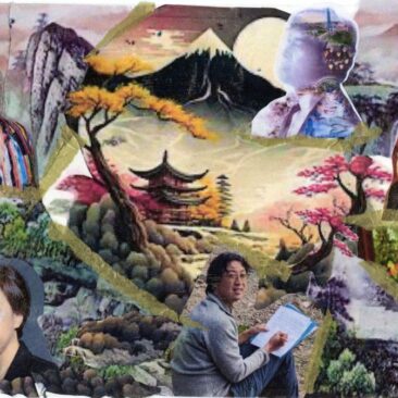 A collage of composers featured in Seattle Choral Company's Asian Voices concert, with nature scenes interspersed