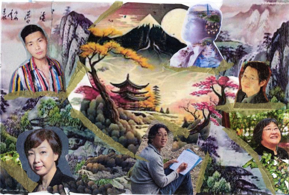 A collage of composers featured in Seattle Choral Company's Asian Voices concert, with nature scenes interspersed